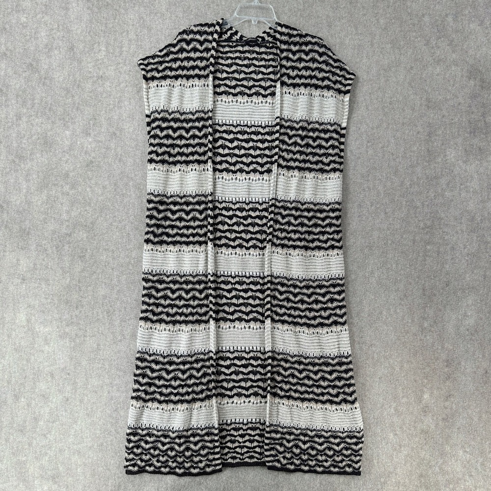 Sisley Duster Sweater Vest Black Striped Open‎ Knit Long Sleeveless Hippie Boho